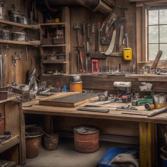 A cluttered but organized workbench with a variety of hand tools, including a tape measure, level, hammer, pliers, and screwdrivers, surrounded by renovation materials like wood, drywall, and paint cans.
