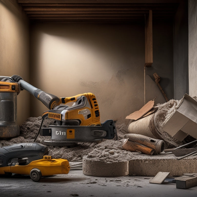 A cluttered construction site with a mix of worn, rusty, and sleek power tools scattered around, including a circular saw, impact driver, and reciprocating saw, amidst torn drywall and shattered concrete.