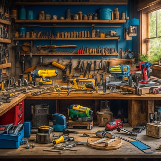 A cluttered but organized workshop with a wooden workbench, surrounded by essential power tools such as a cordless drill, impact driver, circular saw, jigsaw, and reciprocating saw, with wires and accessories strewn about.