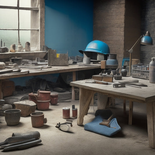 A cluttered workshop table with a variety of concrete tools, including a trowel, level, mixer, and edger, surrounded by scattered blueprints and a few concrete blocks in the background.