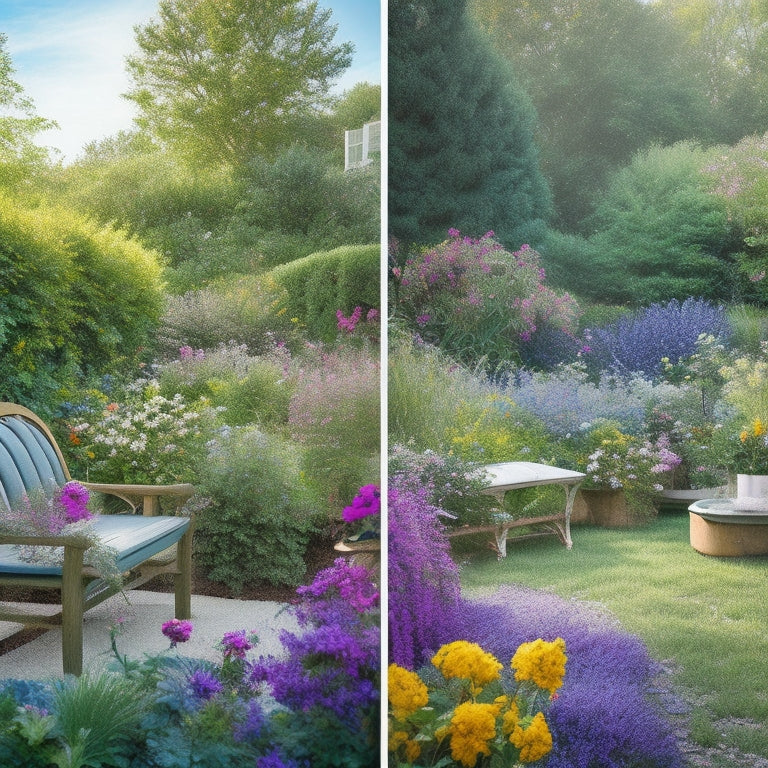 A serene backyard scene with a before-and-after split: a cluttered, overgrown garden on one side, and a vibrant, renovated oasis on the other, with a garden bench, blooming flowers, and a sunny sky.