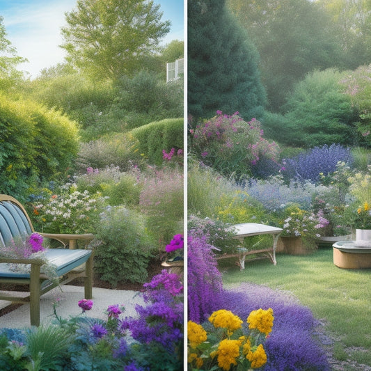 A serene backyard scene with a before-and-after split: a cluttered, overgrown garden on one side, and a vibrant, renovated oasis on the other, with a garden bench, blooming flowers, and a sunny sky.