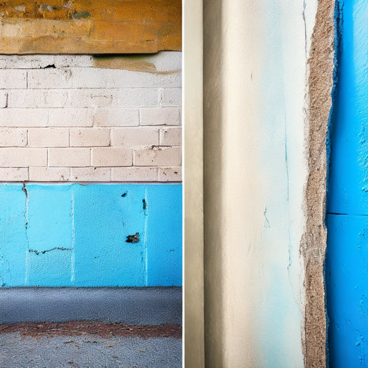 An image of a cracked wall with water seeping through, causing peeling paint and mold growth, alongside a renovated wall with sealed cracks and a fresh coat of paint, showcasing a stark contrast.