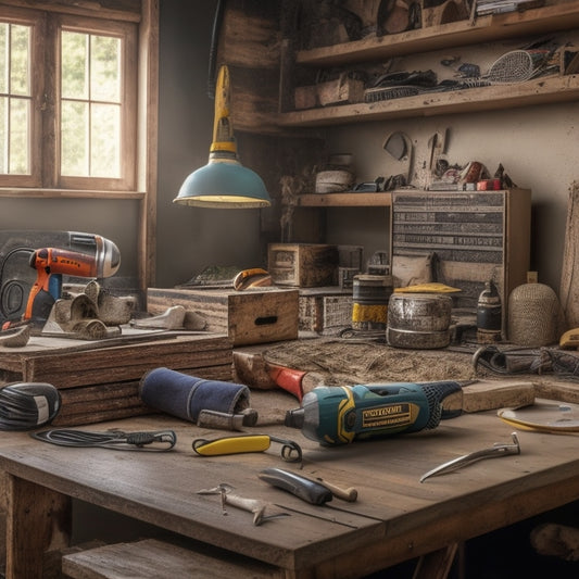 A cluttered home renovation workspace with power tools and equipment scattered around, a measuring tape and hard hat on a worn wooden workbench, surrounded by partial walls and exposed wiring.