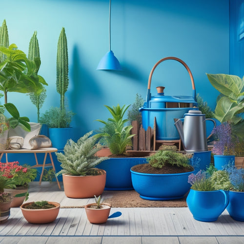 A stylized illustration of a renovation timeline, with a watering can and small potted plants scattered throughout, surrounded by architectural blueprints and scattered renovation tools.