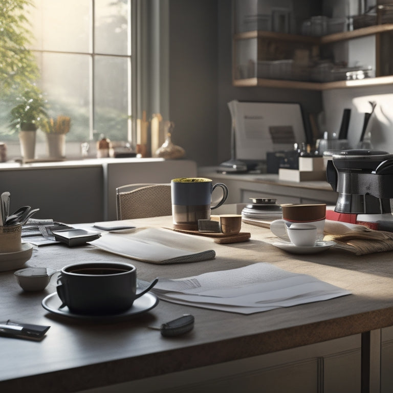 A serene, well-organized renovation scene: a tidy workspace, a few scattered blueprints, a measuring tape, and a cup of steaming coffee on a clutter-free counter, surrounded by natural light.