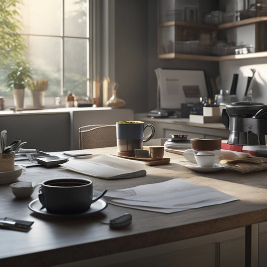 A serene, well-organized renovation scene: a tidy workspace, a few scattered blueprints, a measuring tape, and a cup of steaming coffee on a clutter-free counter, surrounded by natural light.