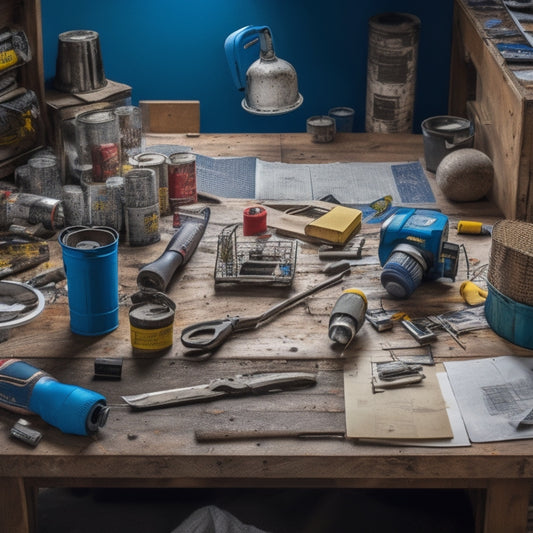 A cluttered, organized workstation with a worn wooden table, surrounded by essential renovation tools: a cordless drill, level, pliers, tape measure, and a bucket of paint, amidst scattered blueprints and renovation plans.
