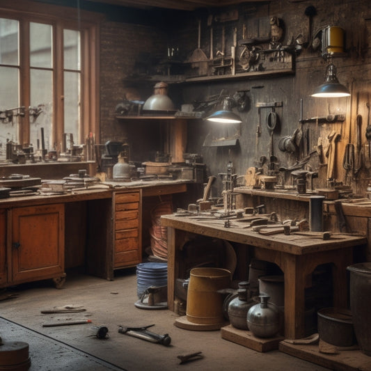 A cluttered workshop with various polishing machines on a workbench, surrounded by renovation tools and materials, with a restored wooden floor and a partially renovated wall in the background.