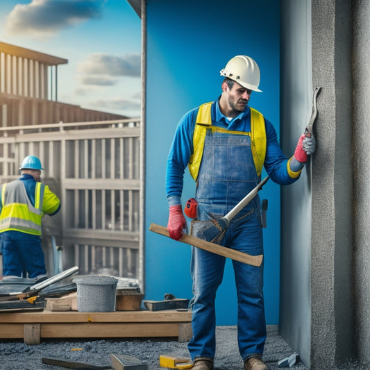 An image of a person in a hard hat and gloves, holding a hammer and standing in front of a half-clad exterior wall with various cladding materials and tools scattered around, amidst a renovation site backdrop.