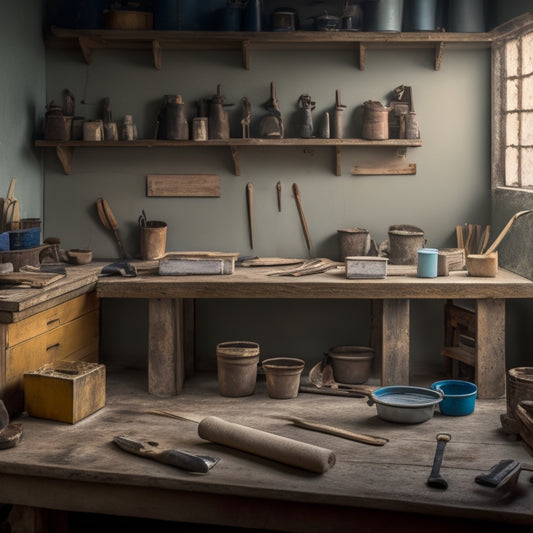 A tidy workshop with a freshly plastered wall, surrounded by various tools: a putty knife, trowel, sandpaper, joint compound, and a level, all arranged neatly on a wooden workbench with a subtle blur effect.