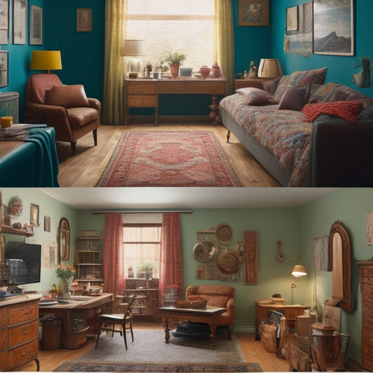 A split-screen image featuring a messy, cluttered room with mismatched furniture and decor on one side, and a beautifully renovated space with harmonious color schemes and cohesive design on the other.