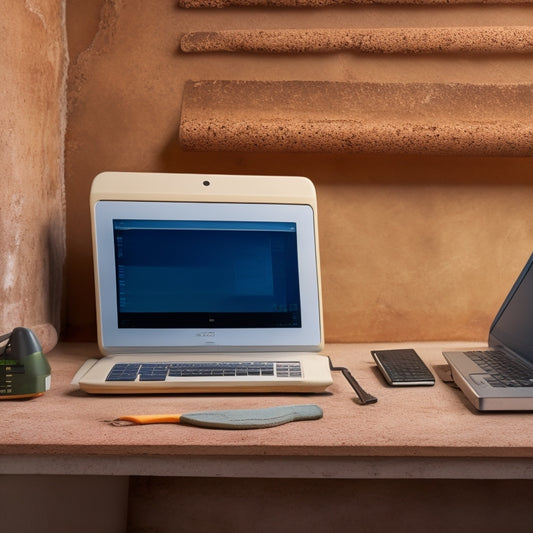 A dusty, old-fashioned plaster wall with cracks and holes, next to a modern laptop displaying a calculator screen, surrounded by construction tools and a measuring tape.