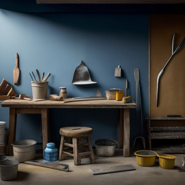 A workbench with various plastering tools: trowel, putty knife, joint knife, hawk, level, and mixing bucket, on a background of a partially plastered wall with a ladder and renovation materials nearby.