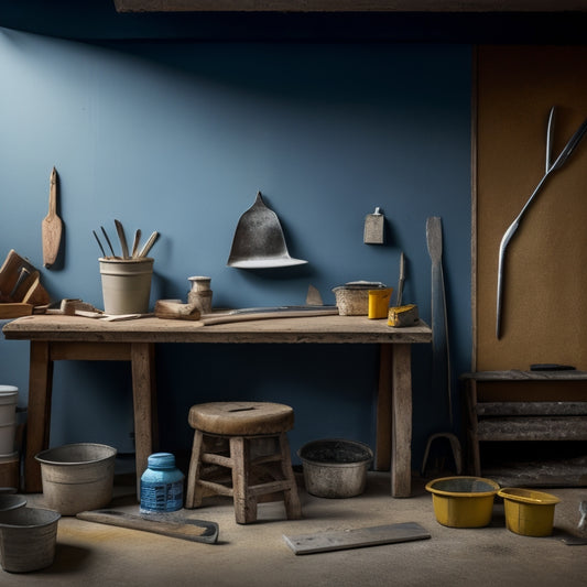 A workbench with various plastering tools: trowel, putty knife, joint knife, hawk, level, and mixing bucket, on a background of a partially plastered wall with a ladder and renovation materials nearby.