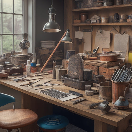 A cluttered but organized workstation with a wooden table, surrounded by essential home renovation tools like a cordless drill, level, tape measure, and a bucket of paint.