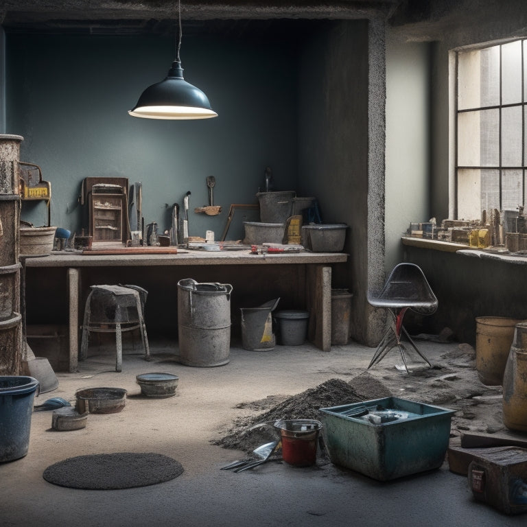 A cluttered workstation with various trowels, buckets of mixed concrete, and scattered tools, amidst a backdrop of a partially renovated concrete floor with freshly poured and smoothed sections.