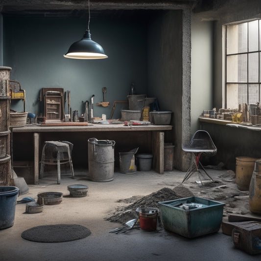 A cluttered workstation with various trowels, buckets of mixed concrete, and scattered tools, amidst a backdrop of a partially renovated concrete floor with freshly poured and smoothed sections.