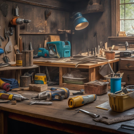 A cluttered workbench with a mix of worn and new tools, including a cordless drill, tape measure, level, and utility knife, surrounded by DIY renovation materials like wood planks and drywall scraps.