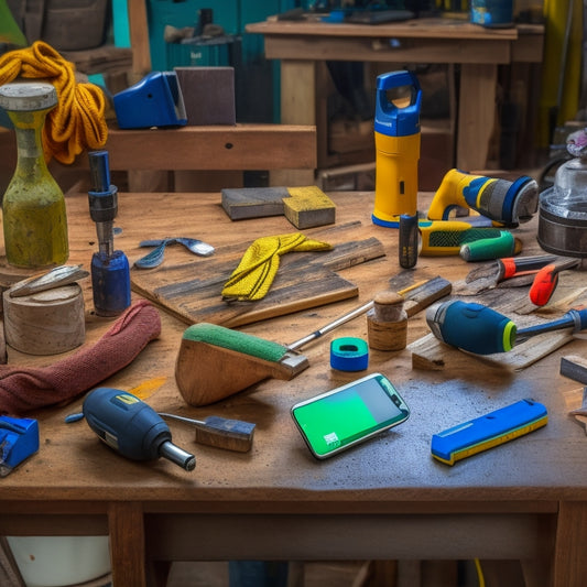 A cluttered workbench with various leveling tools, including a spirit level, laser level, and leveling app on a smartphone, surrounded by DIY renovation materials like hammers, drills, and wooden planks.