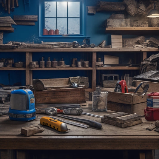 A clutter-free workshop with a variety of tools, including a tape measure, level, and safety goggles, arranged on a wooden workbench surrounded by renovation materials like bricks, pipes, and lumber.