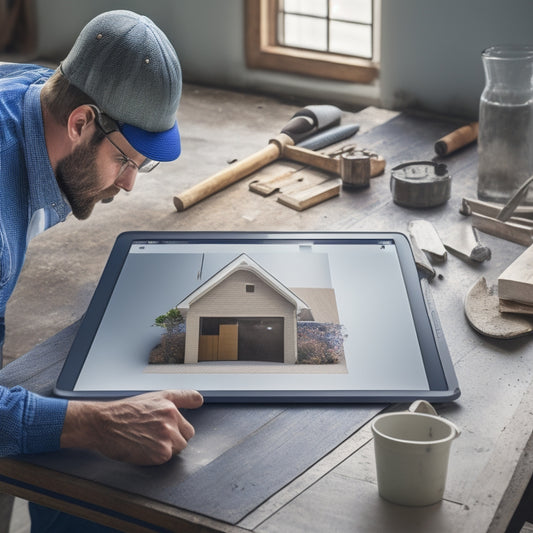 An illustration of a person holding a tablet with a renovation design plan, surrounded by scattered tools and building materials, with a subtle background of a partially renovated room.