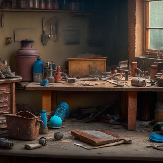 A cluttered workbench with worn, rusty plastering tools scattered beside a few new, shiny ones, with a partially renovated wall with old plaster stripped away in the background.