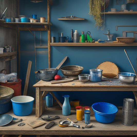 A cluttered workshop backdrop with various mixing paddles of different materials (stainless steel, wooden, and fiberglass) and sizes scattered around a central, prominent mixing bucket filled with a partially mixed, speckled gray-blue compound.