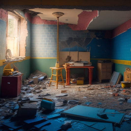 A cluttered, dimly lit room with torn wallpaper, broken tiles, and a crumbling ceiling, contrasted with a bright, organized, and renovated space in the background, with a faint blueprint and measuring tape.