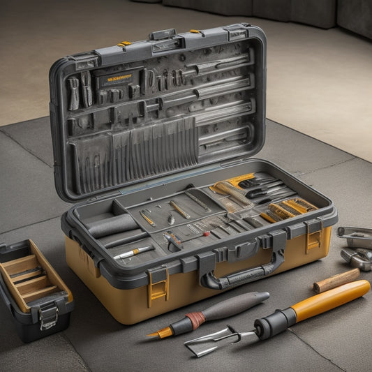 A neatly organized, portable toolbox with an assortment of precision-crafted crack repair tools, including injection ports, epoxy dispensers, and chisels, laid out on a clean, grey concrete surface.