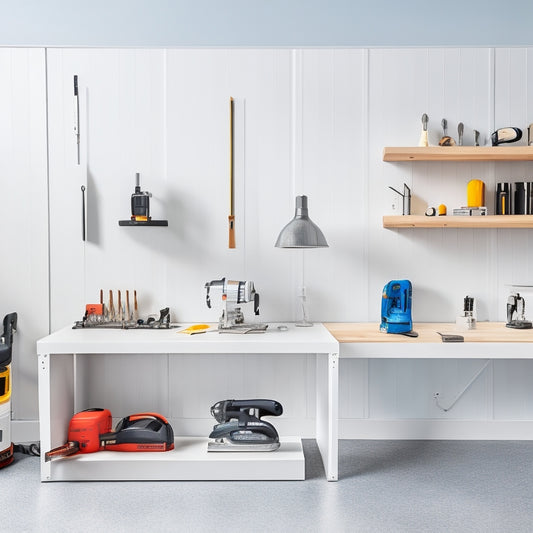 A modern, sleek, and organized home renovation workspace with a variety of time-saving tools, including a cordless drill, level, and power saw, arranged on a sleek white workbench with a clean, minimalist background.
