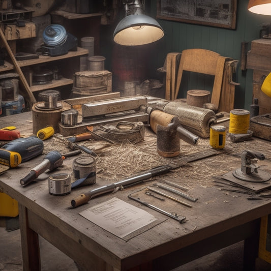 A cluttered workshop table with a variety of tools, including a circular saw, drill press, and impact driver, surrounded by scattered plans, measuring tapes, and scattered wood shavings.
