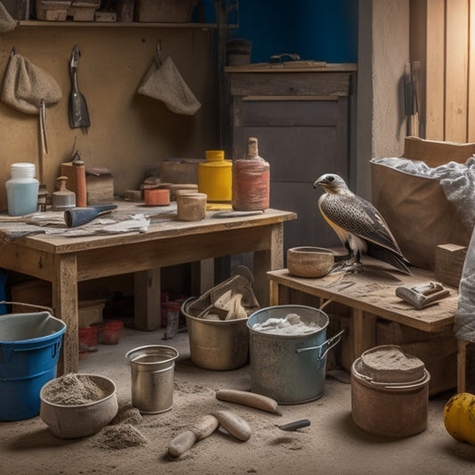 A cluttered workbench with various plastering tools, including a hawk, trowel, and putty knife, surrounded by bags of plaster, sand, and a mixing bucket, with a partially plastered wall in the background.