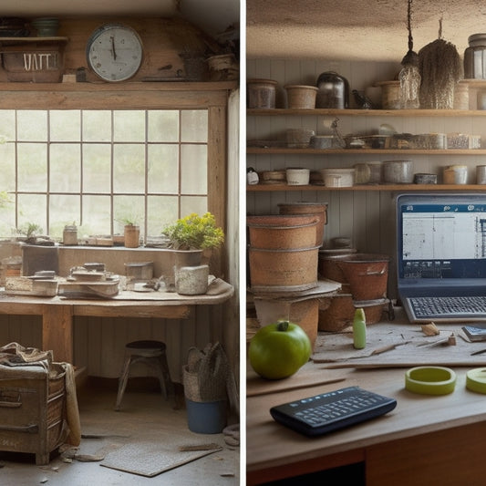 A split-screen image with a renovated home's interior on one side and a cluttered workshop with various DIY materials on the other, featuring a prominent roll of sealant and a calculator in the foreground.