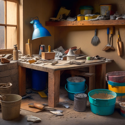 A cluttered workbench with various plastering tools scattered around, including a hawk, trowel, joint knife, and putty knife, surrounded by buckets of plaster and sand, with a partially renovated plaster wall in the background.
