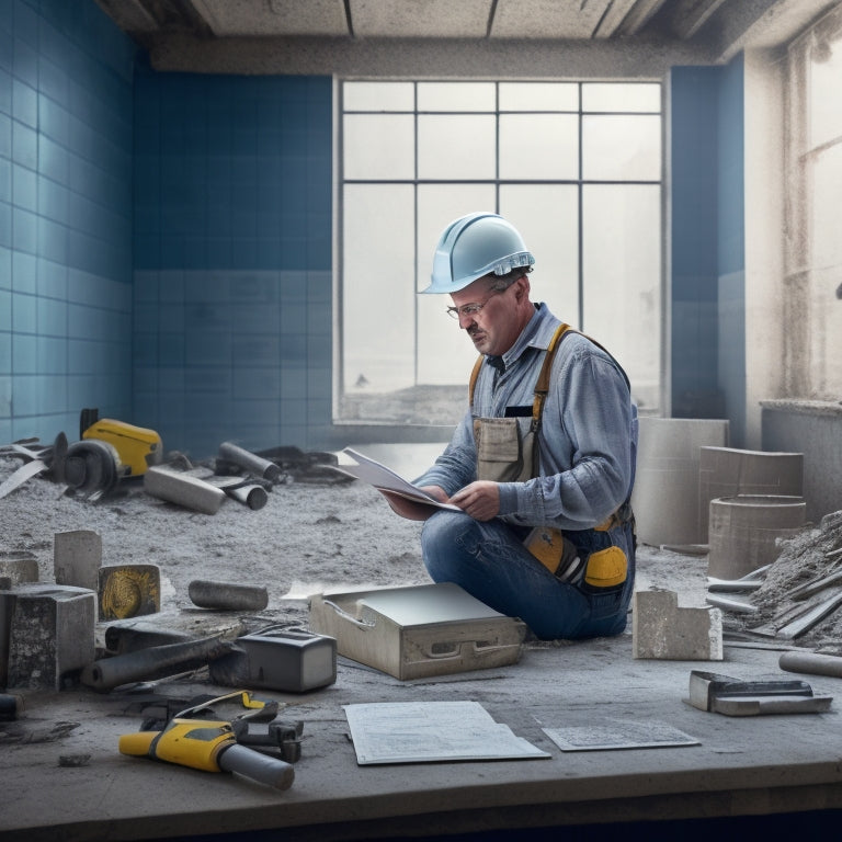 An illustration of a person in a hard hat, standing in a partially demolished room with broken tiles and exposed wiring, surrounded by construction tools and a calculator on a clipboard.