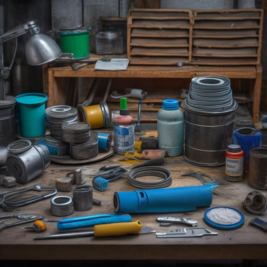 A cluttered workshop table with a mix of DIY repair materials, including a roll of duct tape, a tube of silicone sealant, a bucket of joint compound, a coil of copper wire, and a variety of screwdrivers and wrenches.