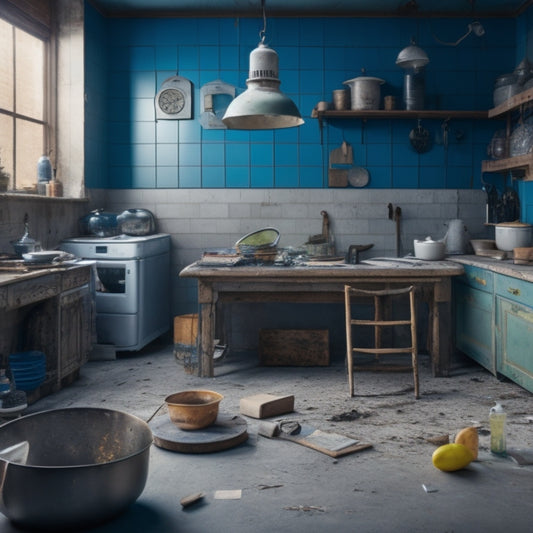 A messy, partially demolished kitchen with scattered tools, blueprints, and a clock in the background, surrounded by torn-out flooring, exposed pipes, and a faint outline of a renovation plan on the wall.