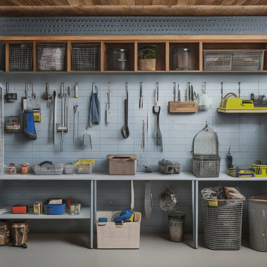 A tidy, well-organized garage with pegboard, hooks, and bins storing various tools and accessories, surrounded by a partially renovated room with exposed studs and drywall.