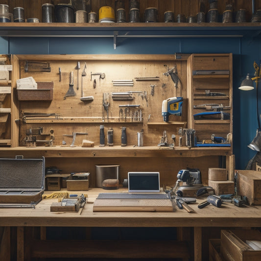 A tidy workshop with a pegboard displaying various renovation tools, including a cordless drill, level, and wrench, surrounded by organized boxes of materials and a laptop with a renovation plan on the screen.