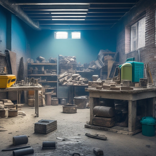 A cluttered workshop background with various renovation tools scattered around, a prominent block splitter machine in the center, surrounded by concrete blocks, bricks, and mortar, with a subtle hint of renovation chaos.