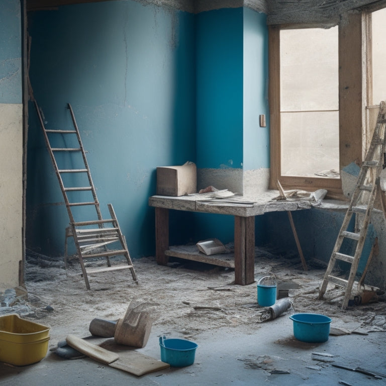 A messy construction site with scattered tools, torn wallpaper, and a ladder leaning against a wall with a broken rung, surrounded by dusty furniture and torn flooring.