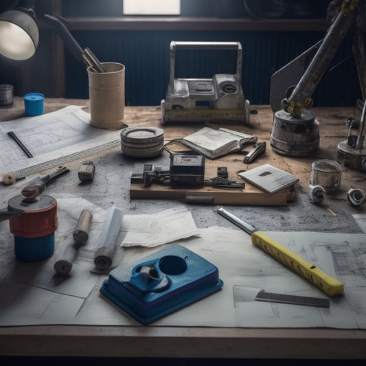 A cluttered workshop table with various block leveling tools scattered around, including a spirit level, laser level, and bubble level, amidst scattered blueprints and renovation plans.