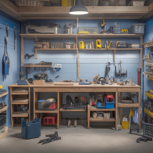 A cluttered workshop with scattered power tools, cords, and debris, contrasted with a sleek, organized storage system featuring labeled bins, hooks, and a pegboard, with a single, spotlighted tool resting neatly in its designated spot.