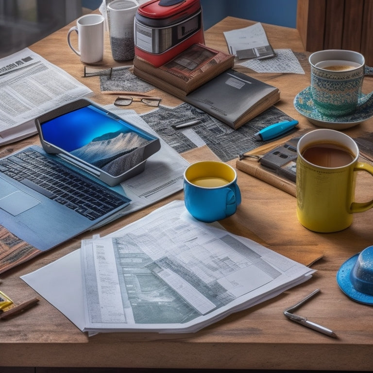 A cluttered contractor's desk with scattered papers, calculators, and coffee cups, transformed into an organized workspace with a laptop, a tablet, and a few selected budgeting tools, surrounded by renovation blueprints.
