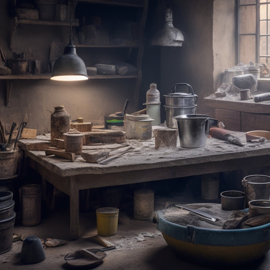 A cluttered, well-lit workshop table with a variety of organized plastering tools, including a hawk, trowel, joint knife, and mixing bucket, surrounded by scattered plaster dust and renovation materials.