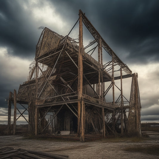 A dramatic, high-angled shot of a dilapidated, rusted scaffolding structure surrounding a worn, old building, with broken wooden planks and tangled metal pipes, set against a gloomy, overcast sky.