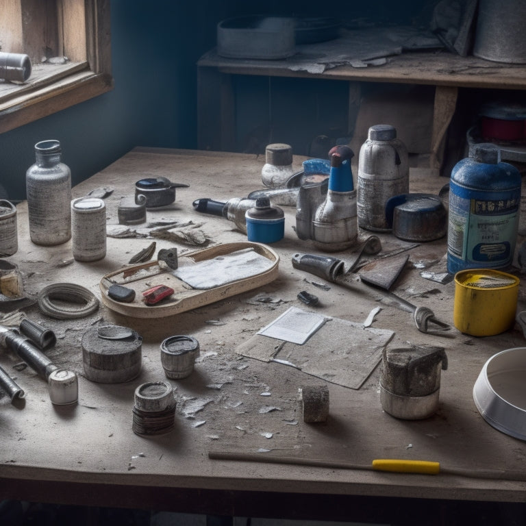 A cluttered workshop table with a variety of tools, including a cordless drill, level, tape measure, putty knife, and bucket of joint compound, surrounded by torn wallpaper and drywall fragments.