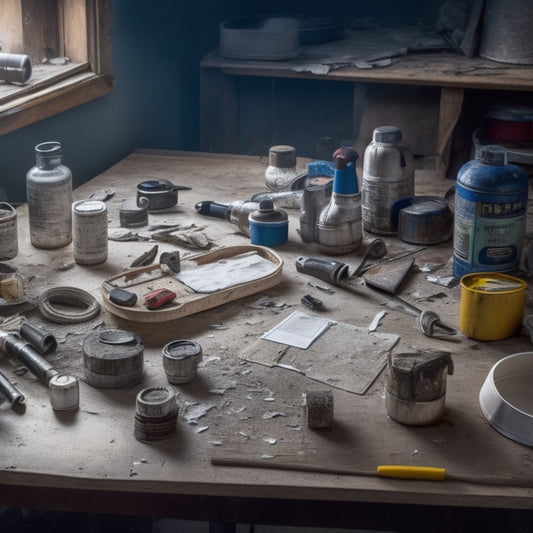 A cluttered workshop table with a variety of tools, including a cordless drill, level, tape measure, putty knife, and bucket of joint compound, surrounded by torn wallpaper and drywall fragments.