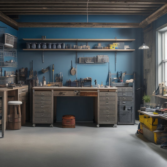 A clutter-free workshop with well-organized toolboxes, a central workstation with a vice, and a pegboard with hung tools, surrounded by a clean and polished concrete floor.